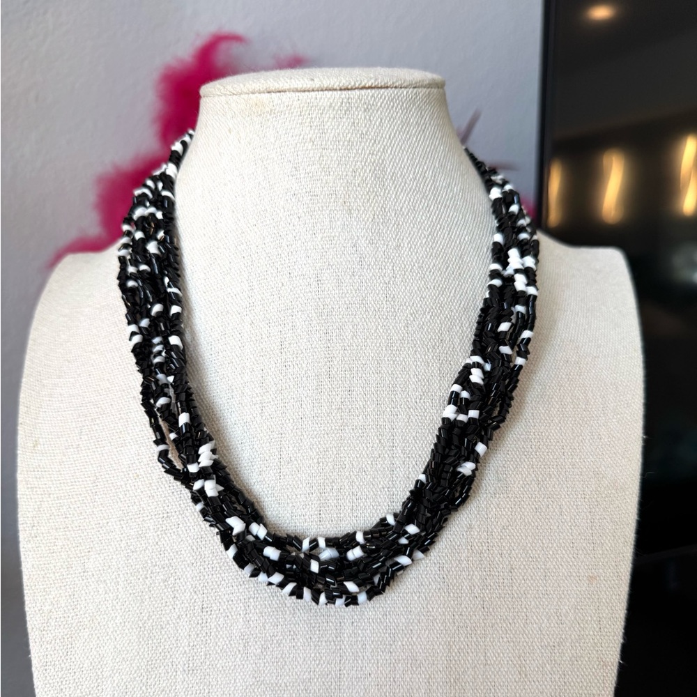 Vintage Glass Black and White Beaded Necklace